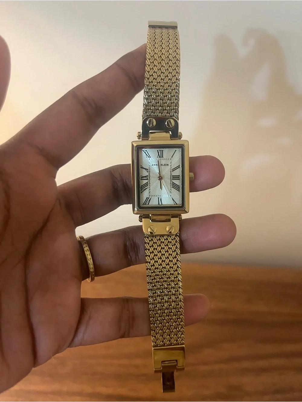 Anne Klein Gold-Tone Rectangular Mesh Bracelet Watch